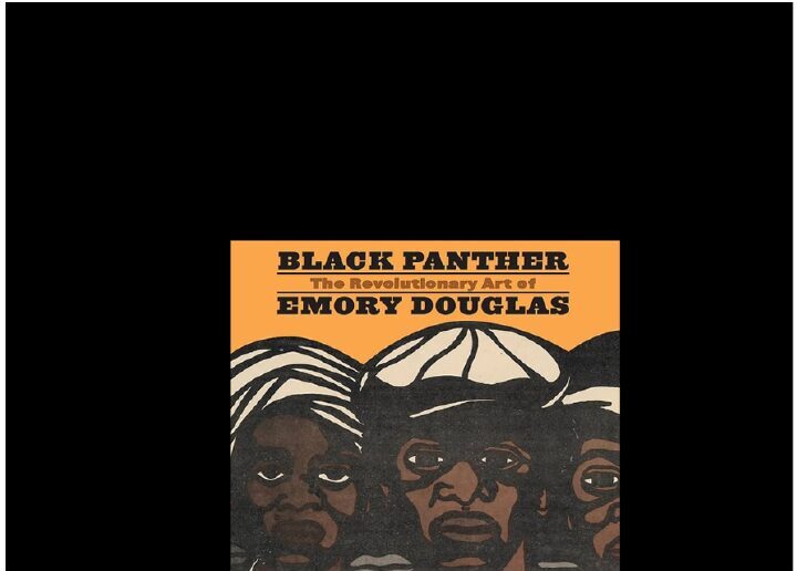 Orange book cover: bold slab type reads 'BLACK PANTHER · The Revolutionary Art of EMORY DOUGLAS.' Below, a woodcut-style illustration of three Panther women facing forward, head-and-shoulders.